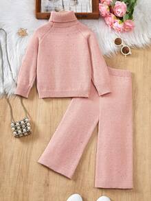 SHEIN 年轻女孩毛衣套装，高领黑色波尔卡圆点白色上衣和直腿黑色波尔卡圆点白色裤子针织装，适合秋冬季日常穿着和外出 - 淺粉色 - 查看 2