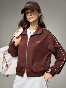 Hanevo Women's Bow Embroidered Long Sleeve Zip Front Casual Jacket - Coffee Brown - View 1