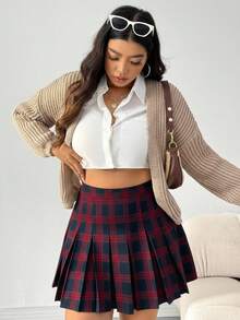SHEIN EZwear Plus Size Retro Plaid Pleated A-Line Skirt - Red - View 5