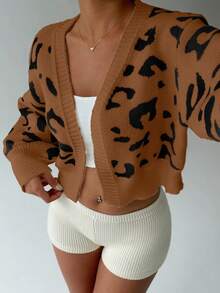 SHEIN MOOSTA Cardigan Longgar Kasual Motif Leopard dengan Bukaan Depan, Musim Gugur/Dingin - MultiWarna - View 5