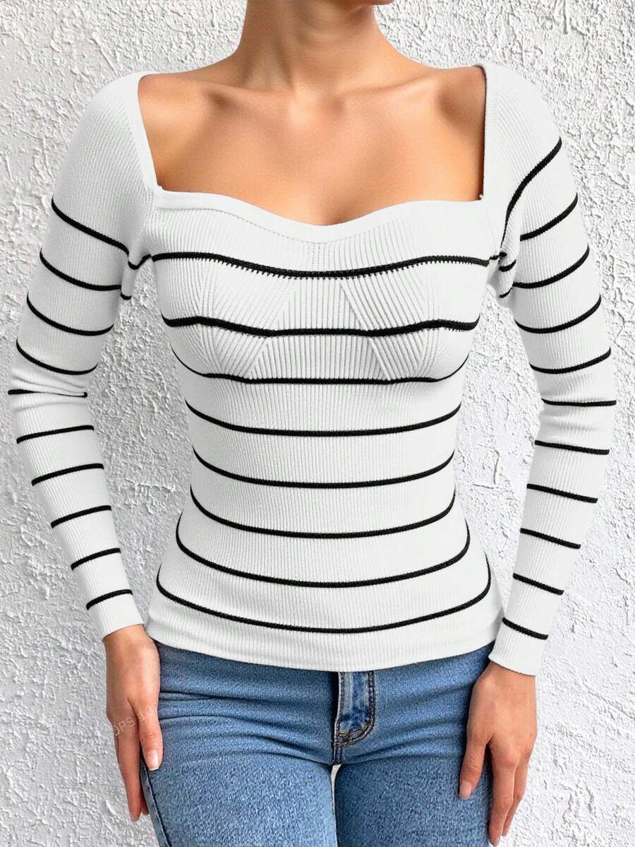 RueChic Striped Pattern Raglan Sleeve Sweater - White - View 1