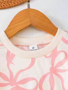 SHEIN Explorewe 2件組少女長袖漸層蝴蝶結印花衛衣與羅紋內搭褲套裝，可愛時尚，適合日常穿著、上學、春/秋季外出 - 粉色 - 查看 6