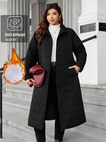 Easura معطف طويل مبطن بالماس مربع الأنيق بأكمام طويلة وطول كبير