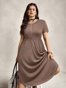 Zelara Vestido cómodo de manga corta con cuello redondo y decoración de botones frontales, para primavera/verano, talla grande - Marrón Mocha - Ver 3