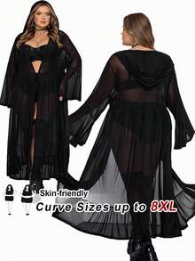 SHEIN CURVE+ Plus Size Women Gothic Style Flare Sleeve Hooded Sheer Dress - Black - View 1