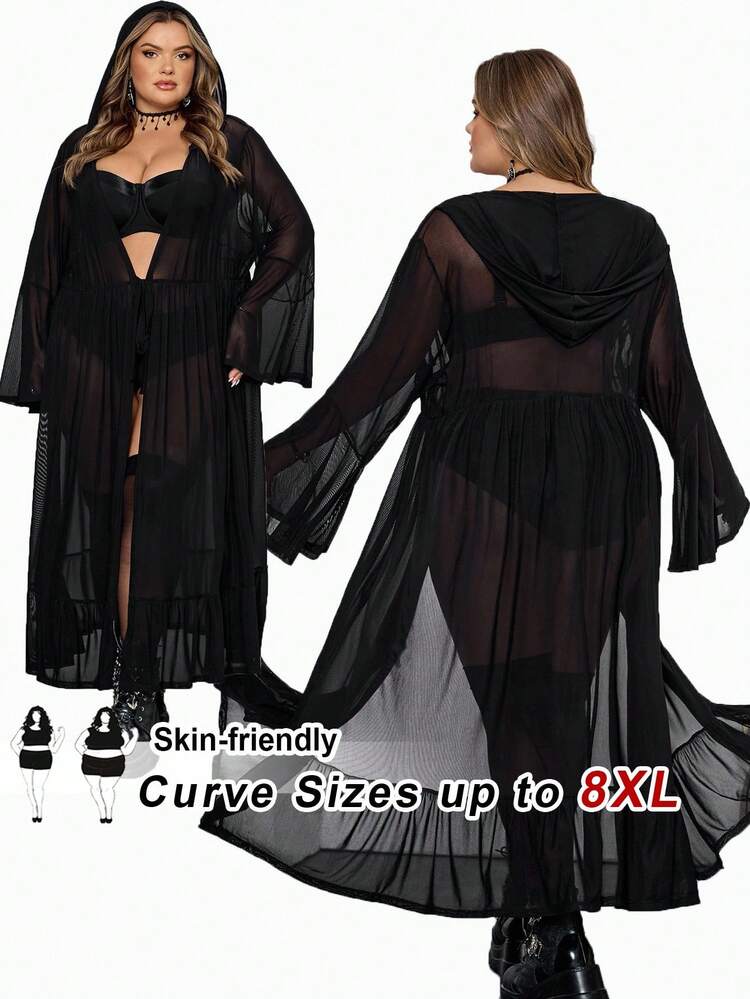 SHEIN CURVE+ Plus Size Women Gothic Style Flare Sleeve Hooded Sheer Dress - Black - View 1