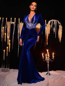 Glamrae Elegant Blue Luxury Velvet Evening Dress,Handmade Pearl Necklace V-Neck Long Sleeves See-Through Fishtail Skirt For Wedding,Party,Holiday Dance - Blue - View 5