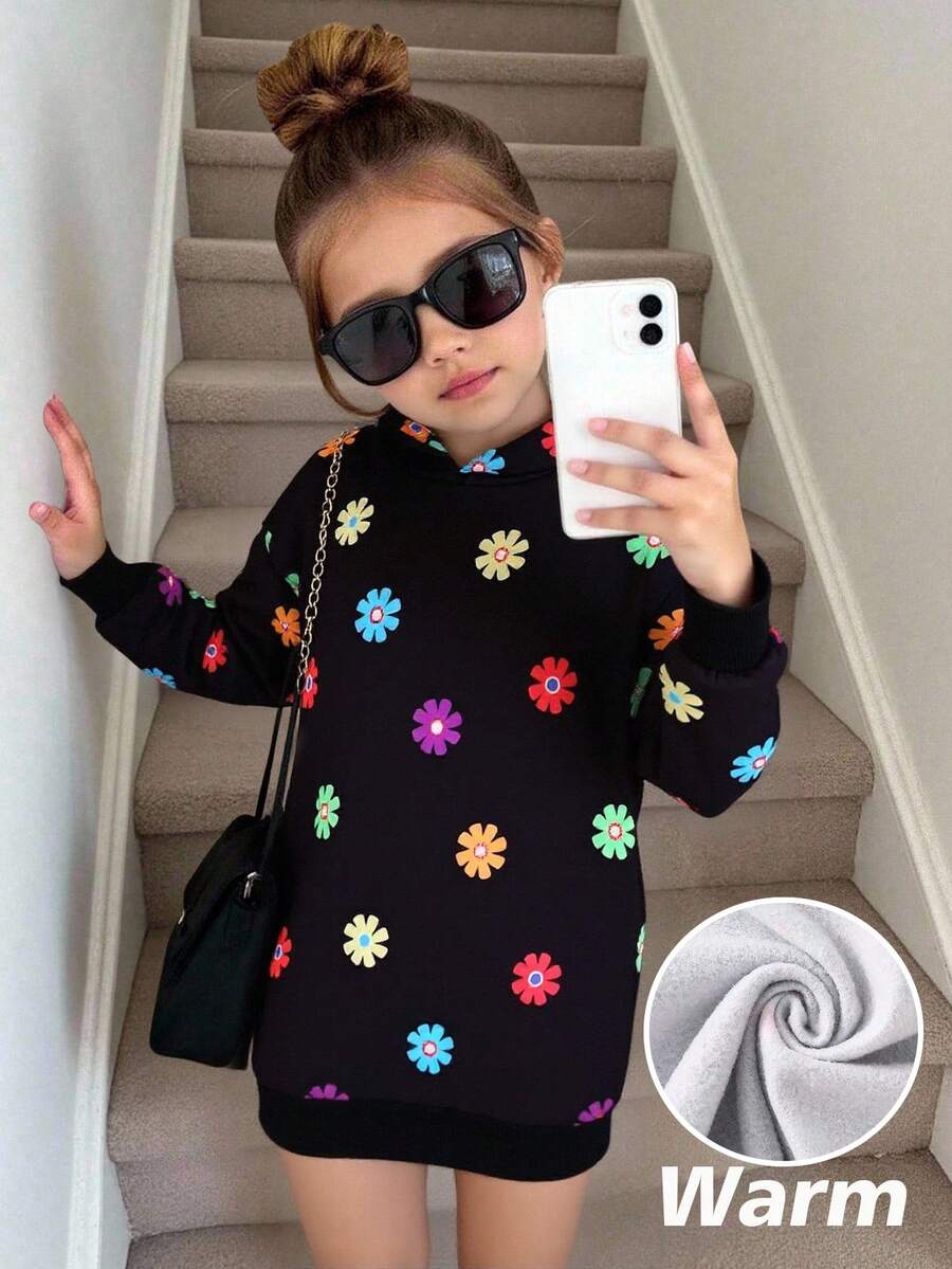 SHEIN 女童秋冬季加厚保暖宽松休闲简约舒适连帽长款卫衣,彩色花朵图案长袖运动衫,女童花朵卫衣,黑色卫衣,适合秋冬季穿着,圣诞节也适用 - 黑色 - 查看 1