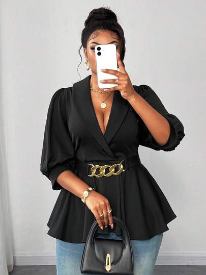 Maweii Plus-Size Women's Summer Suit, V-Neck Design, Cinched Waist With Metal Buckle, A-Line Silhouette, Black T-Shirt. Suitable For Everyday Wear, Parties, New Year's, Christmas, Holidays, And Valentine's Day.