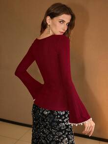 MOTF PREMIUM FAUX PEARL BEADED FLARE SLEEVE TOP, CHRISTMAS, RED, NEW YEAR - Red - View 3