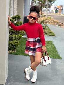 Firerie Kids Conjunto de camiseta de cuello redondo ajustada roja y falda mini a cuadros para niñas jóvenes NovaGlow, lindo y elegante, adecuado para fiestas y vacaciones