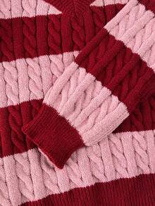 SHEIN Tween Girls Striped Color Block Cable Knit V-Neck Lantern Sleeve Oversized Pullover Sweater, Suitable For Autumn/Winter Outdoor Wear Teen Girls Uniform Girl Sweaters Teen Girl Knit Tween Girl Knit Sweater Wednesday Addams Girls Knitted Top Tween Girl Jumper