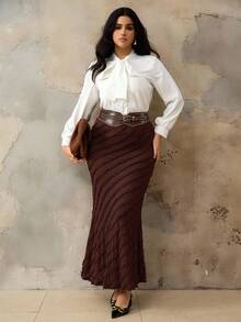 Roveilla Plus Size Jacquard Elastic Waist Slimming Mermaid Skirt, Autumn/Winter Abaya Dubai Musera Plus Size Women Long Skirt Long Brown Skirt Textured Brown Skirt Skirt With Belt Brown Maxi Skirt