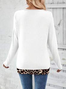SHEIN LUNE 女士休闲豹纹拼接长袖T恤，秋季猎豹纹T恤，春季女式上衣 - 白色 - 查看 2