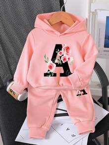 2 件套女婴休闲时尚百搭字母 A 和玫瑰图案舒适连帽长袖运动衫套装，适合秋冬春季 - 彩色 - 查看 3