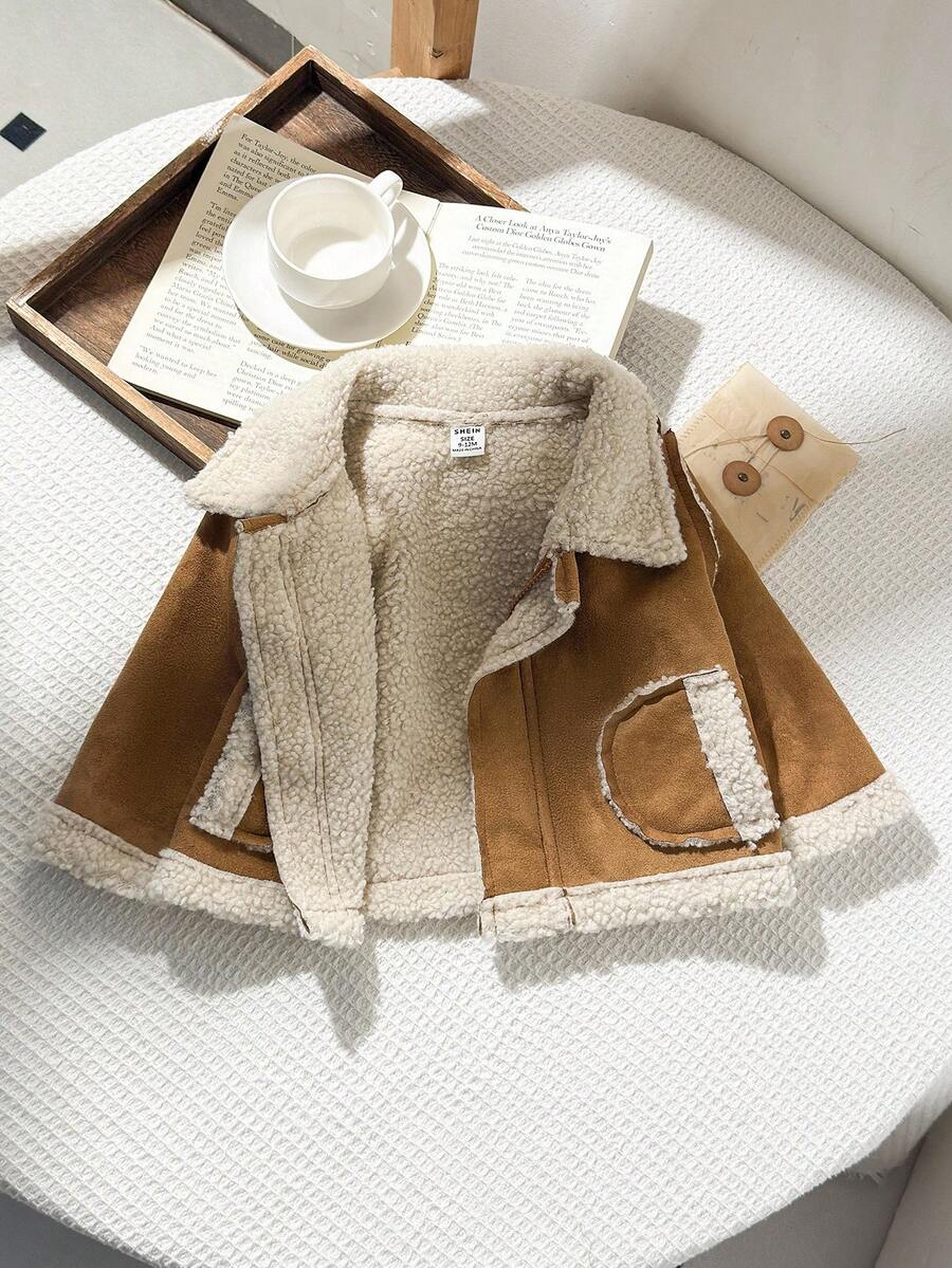 SHEIN 1pc Toddler Boys' Fashionable & Versatile Camel Faux Fur Collar Zipper Design Long Sleeve Jacket, Suitable For Outings And Photo Shoots Baby Sherpa Jacket Baby Winter Jacket Fall