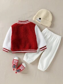 SHEIN Playful Pals Baby Boy Street Cool Letter Graphic Teddy Fleece Jacket And White Fleece Jogger Pants Casual Outfit - Multicolor - View 2