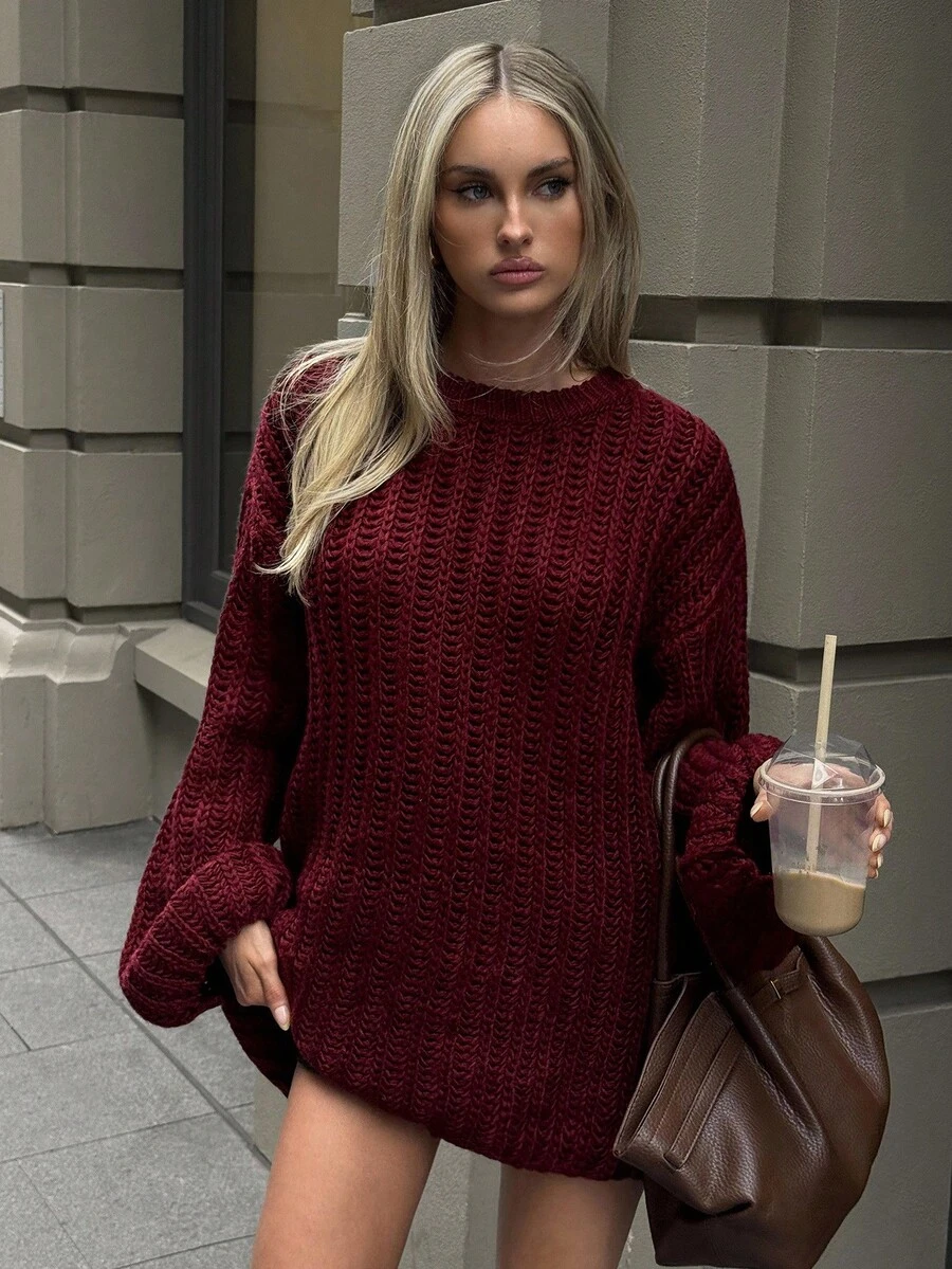 Aloruh Áo len dệt kim rộng rãi hở vai màu tương phản thu/đông dành cho nữ - Nhiều màu - Xem 1