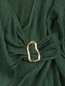 Franclia Plus Size Women's Elegant Dark Green Autumn Office High-End Formal Commute Curvy Solid Textured Layered V-Neck Cinched Waist Metal Buckle Blouse Shirt - Army Green - View 5