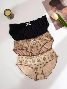PetitDoll 3-Pack Ditsy Floral Contrast Color Ruffle Trim Ribbed Knit Boyshort Panties, Countryside Style