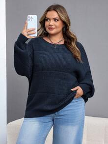 SHEIN CURVE+ Maglione in maglia a costine elasticizzato di colore unito, taglie comode, abbigliamento invernale da donna