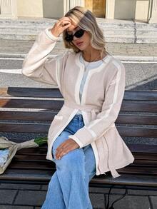 SHEIN Frenchy Women's Autumn/Winter Khaki Apricot Casual Color-Blocked Patchwork Crewneck Warm Thick Cardigan Autumn/Winter Style, Everyday Wear Can Be Worn As Outerwear Or Layered Underneath   Winter Clothes For Women  Women's Winter Coat  Women's Winter Coat  Christmas Sweater  New Year Women's Clothes  Thanksgiving Outfit For Women   Brown Sweater