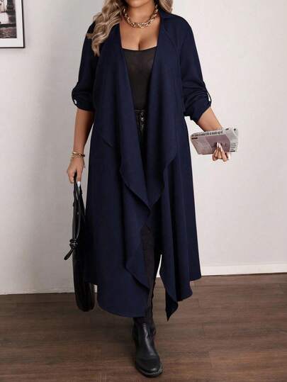 Vionelle Plus Size Casual Waterfall Collar Long Coat Fall Women Women Long Cardigan Long Cardigans Ladies Navy Blue Women Linen For Women Plus Size Linen Asymmetrical For Women Asymmetrical Plus Size