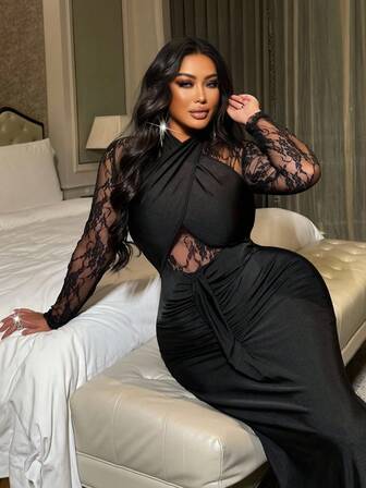 NU&NOW 大码女式优雅露背设计，蕾丝拼接荷叶边细节，鱼尾下摆，百搭时尚设计，适合派对、聚会、夜间约会、舞会、生日礼服，新款秋季长裙