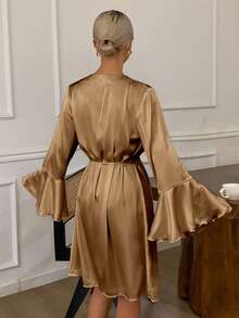 DAZY Women's Satin & Lace Patchwork Ruffle Sleeve Design Robe Pajama, Winter - Camel - View 2