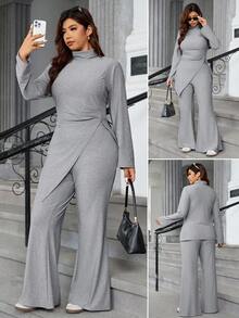 Easura 2 Stück/Set Frauen Große Größen Minimalistischer Rollkragen Langarm Bluse mit asymmetrischem Saum und weite Bein Hose Anzug