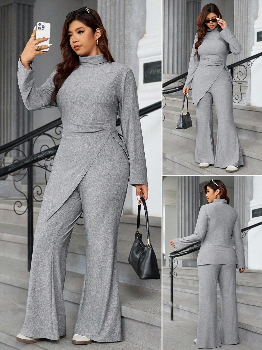 Easura 2 Stück/Set Frauen Große Größen Minimalistischer Rollkragen Langarm Bluse mit asymmetrischem Saum und weite Bein Hose Anzug