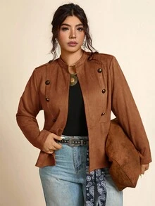 Freevana 大码女式纯色双排扣休闲时尚外套，秋季棕色西装外套，女士秋季棕色夹克，大码棕色女式/冬季 - 咖啡棕 - 查看 7