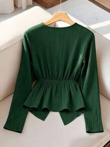Franclia Plus Size Women's Elegant Dark Green Autumn Office High-End Formal Commute Curvy Solid Textured Layered V-Neck Cinched Waist Metal Buckle Blouse Shirt - Army Green - View 2