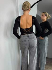 Bethéva Backless Lace Stitching Backless Women's T-Shirt Top. Sexy Date Wear Suitable For Summer. - Black - View 2