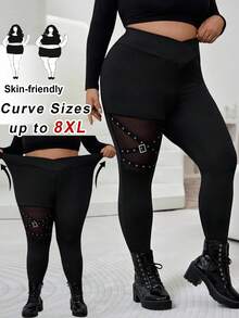 SHEIN CURVE+ Plus Size Fashionable Black Mesh Patchwork Leggings - Black - View 7