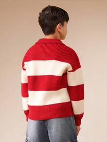 SUMWON Tween Boys Red White Striped Polo Collar Long Sleeve Knit Sweater Winter Knitwear Holiday Classic Rugby Style Pullover