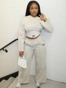 Alexandranx Bộ 3 món thường ngày màu trơn cho nữ - Xám - Xem 5