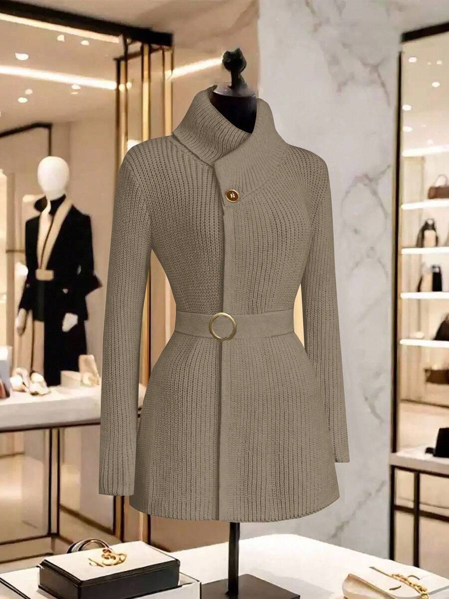 GlowEve Áo khoác cardigan dệt kim dài tay màu trơn có thắt lưng dành cho nữ, Thu/Đông - Màu be - Xem 1