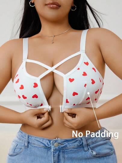 SHEIN Sujetador con cierre frontal elástico y estampado de corazones para mujeres de talla grande