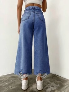 EURMUSE 100%Cotton Women Casual Ripped Wide Leg Jeans - Medium Wash - View 2