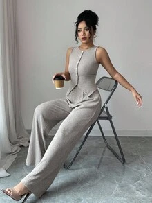 Elenzga Bộ đồ 2 món thanh lịch dành cho nữ, áo ba lỗ cổ tròn không tay viền bất đối xứng cài nút và quần ống đứng rộng rãi lưng cao co giãn - Màu be - Xem 7