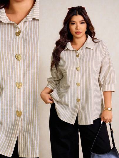 Elaquor Camisa casual de talla grande para mujer con corazón de metal, de manga 3/4 y a rayas