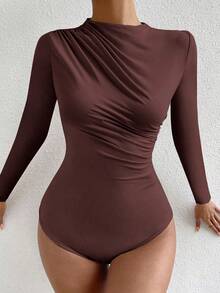 SHEIN VaVaLuxe 纯色休闲长袖修身女式紧身衣 - 咖啡棕 - 查看 8