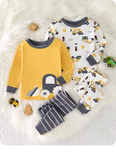 男婴 4 件套卡通汽车与条纹印花撞色圆领长袖睡衣套装，舒适亲肤睡衣