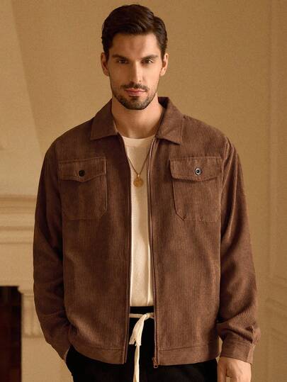 HIMLAND 男士纯色长袖拉链前袋灯芯绒夹克外套，秋季/秋冬季