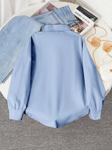 Sparklyn 青少年女孩刺绣纽扣前休闲长袖衬衫 - 藍色 - 查看 2