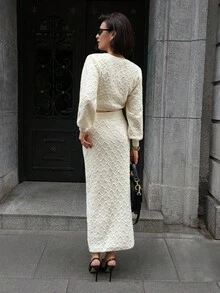 SHEIN Unity 2 件套女士纯色休闲意大利波浪图案优雅长袖毛衣套装，秋冬 - 杏色 - 查看 2