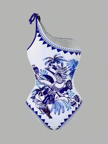 Swim Oasis Women's Tropical Floral & Bird Print Casual One-Piece Swimsuit With Skirt, Halter Neck, Suitable For Vacation And Beach - Blue and White - View 9