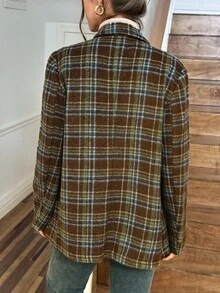 女士棕色复古格子翻领长袖休闲西部夹克，LanaWest