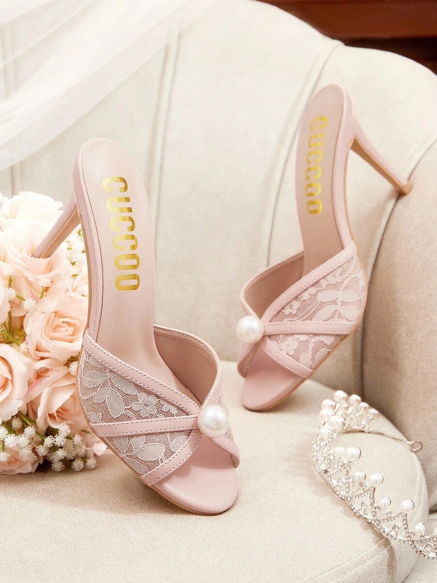 CUCCOO HITCHD Women's Round Toe Lace And Pearl High Heeled Sandals For Christmas - Baby Pink - View 1